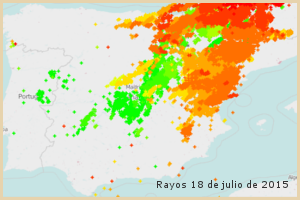 Rayos detectados el 18 de julio de 2016 en España