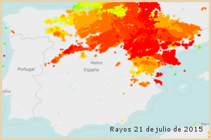 Rayos detectados el 21 de julio de 2016 en España
