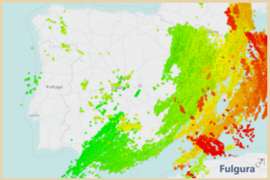 Mapa de la Península Ibérica con los rayos de la tormenta del 18 y 19 de octubre de 2017