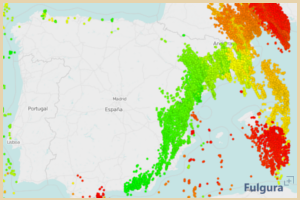 Mapa de la Península Ibérica con los rayos del 6 y 7 de enero de 2008