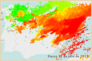 Rayos detectados el 31 de julio de 2016 en España