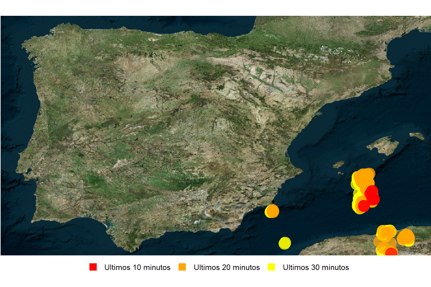 Mapa de rayos a tiempo real de los últimos 30 minutos.