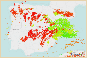 Mapa de rayos de la Península Iberica del 30 de agosto de 2021